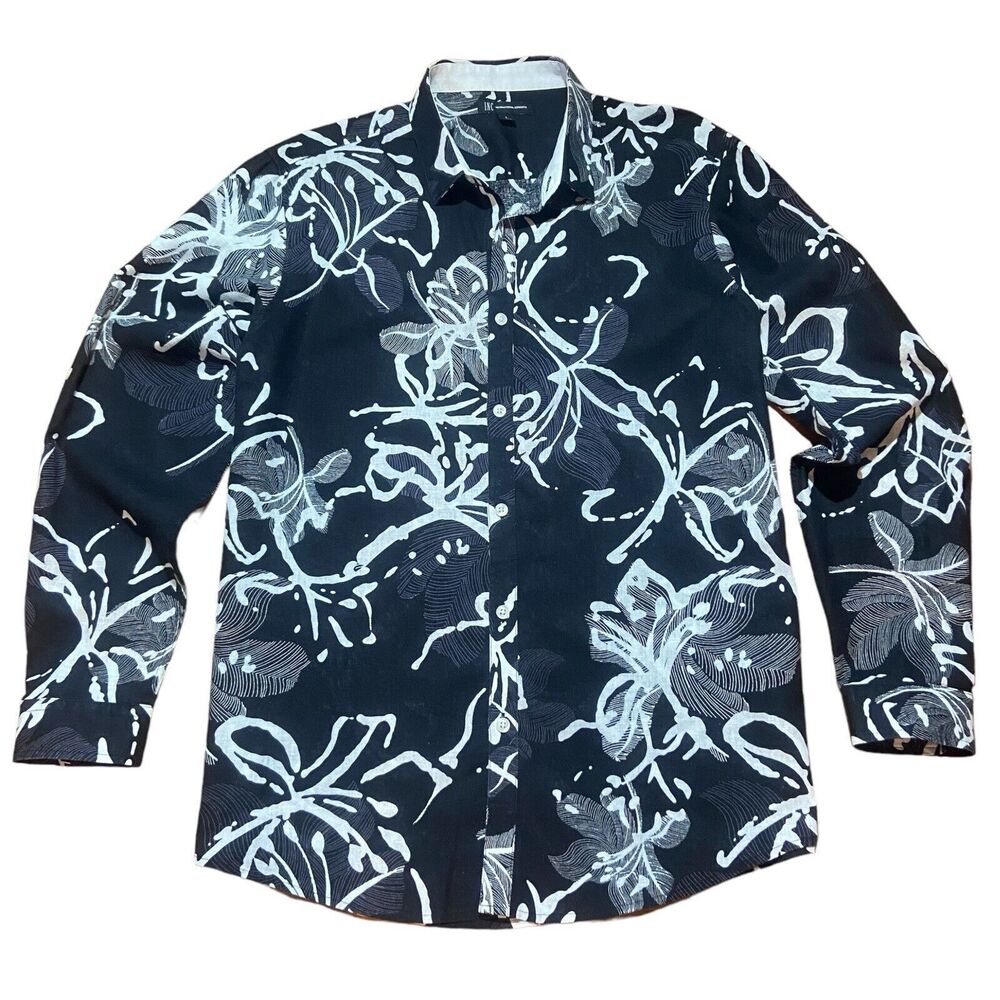 INC Men's Linen Blend Button Shirt Size L Black & White Long Roll Tab Sleeve